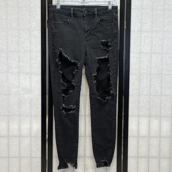 American Eagle Next Level Stretch Distress Destroyed Skinny Denim Jeans Black 8 - Picture 1 of 14